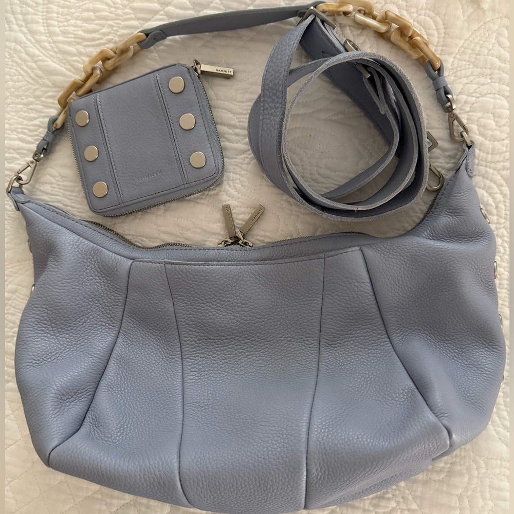 Hammitt Morgan crossbody with matching 5 North wallet.  Periwinkle blue.